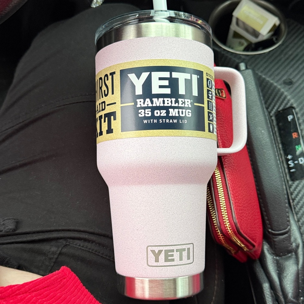 Pink sandstone color Yeti Rambler 35oz mug with straw lid